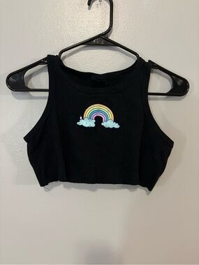 PacSun Black Cropped Tank with Rainbow Cloud Graphic